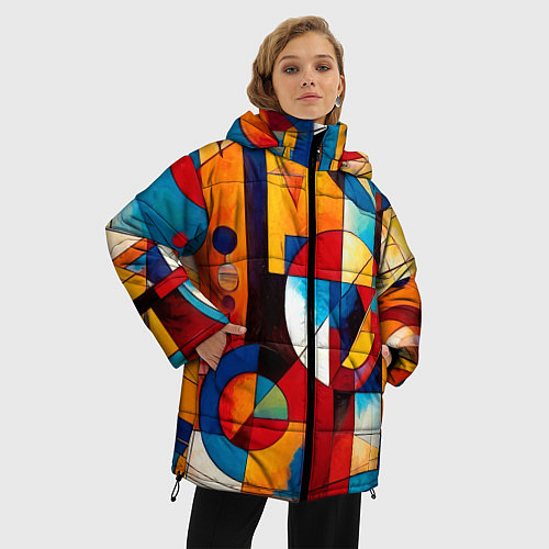 Женская зимняя куртка Абстракция из ярких цветов и геометрических фигур / 3D-Черный – фото 3