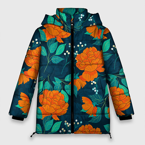 Женская зимняя куртка Паттерн с оранжевыми цветами / 3D-Светло-серый – фото 1