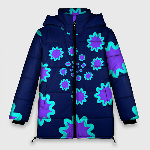 Женская зимняя куртка Спираль фиолетовых звезд с циан контуром на темном / 3D-Светло-серый – фото 1