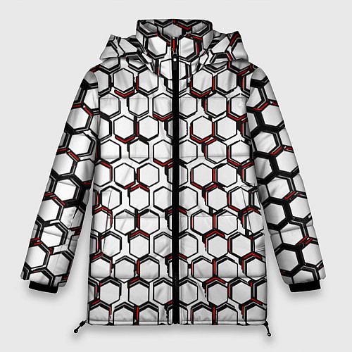 Женская зимняя куртка Киберпанк узор из шестиугольников красный / 3D-Красный – фото 1