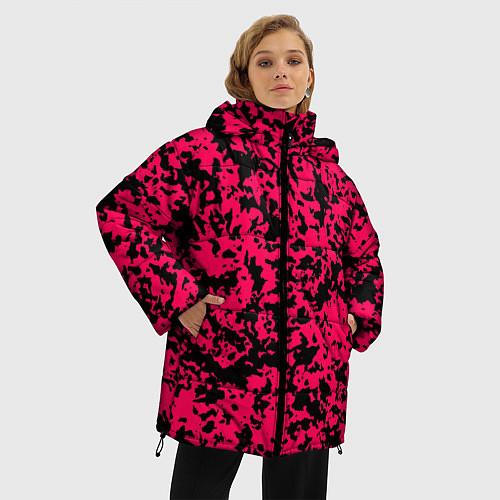 Женская зимняя куртка Пятнистый яркий чёрно-розовый / 3D-Черный – фото 3