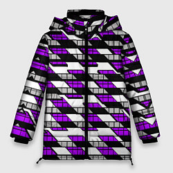 Куртка зимняя женская Фиолетовые треугольники и квадраты на белом фоне, цвет: 3D-светло-серый