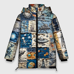 Куртка зимняя женская Джинсовый пэчворк с пришельцами, цвет: 3D-черный