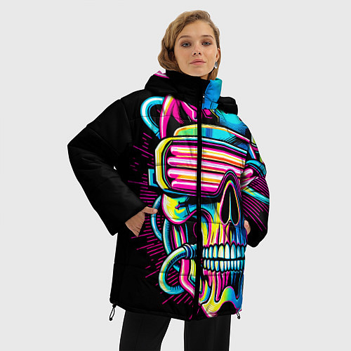 Женская зимняя куртка Cyber skull - ai art neon / 3D-Черный – фото 3