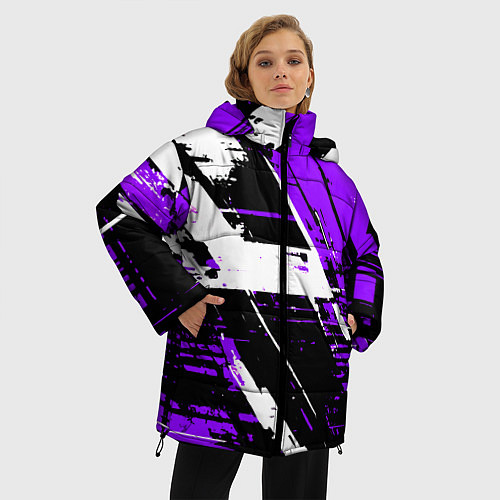 Женская зимняя куртка Diagonal black and white stripes on a purple backg / 3D-Черный – фото 3