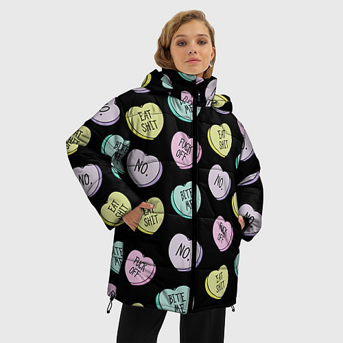 Женская зимняя куртка Сердца с надписями / 3D-Черный – фото 3