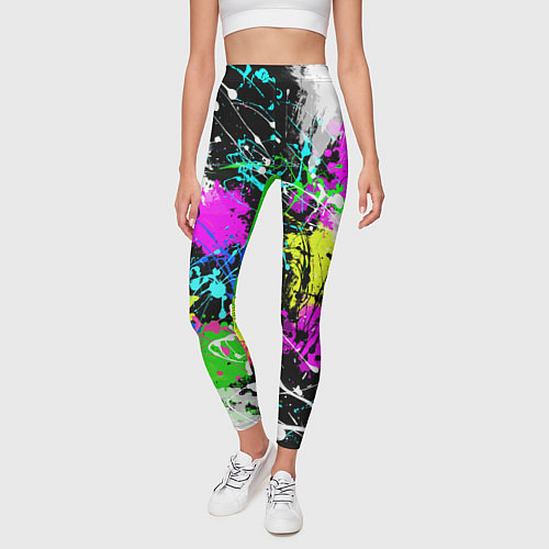 Женские легинсы Разноцветные пятна краски на черном фоне / 3D-принт – фото 3
