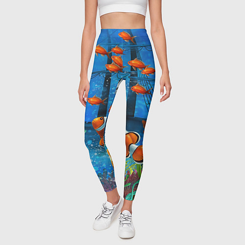 Женские легинсы Затонувший корабль в окружении обитателей океана / 3D-принт – фото 3