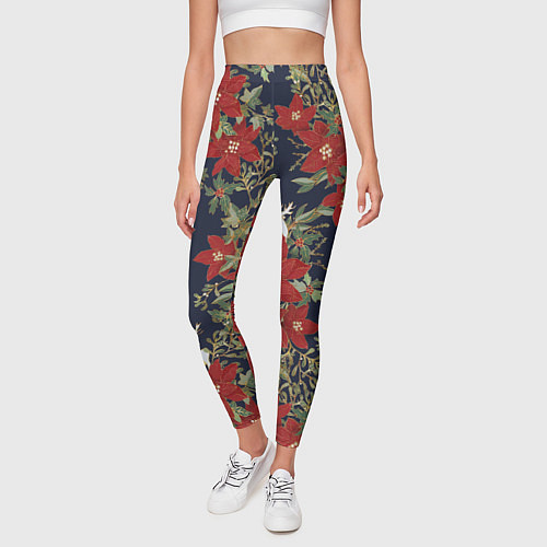 Женские легинсы Новый год 2023 красные цветы и олени / 3D-принт – фото 3