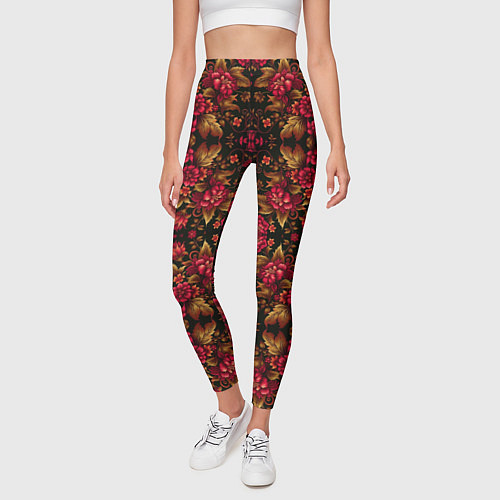 Женские легинсы Растительный паттерн под хохлому / 3D-принт – фото 3