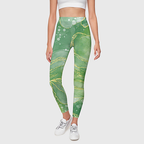 Женские легинсы Абстрактный зеленый мрамор с золотым / 3D-принт – фото 3