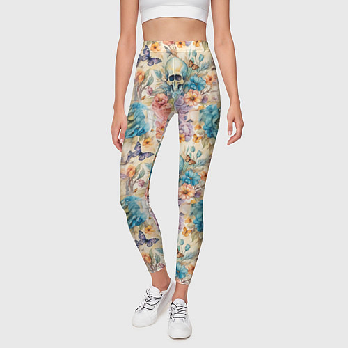 Женские легинсы Череп в цветах с бабочками узор / 3D-принт – фото 3