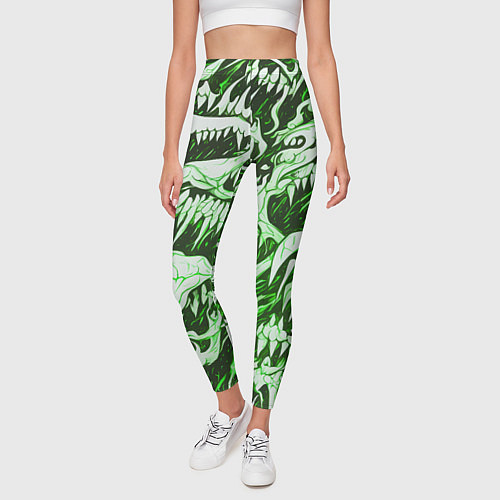 Женские легинсы Белые клыки на зелёном фоне / 3D-принт – фото 3