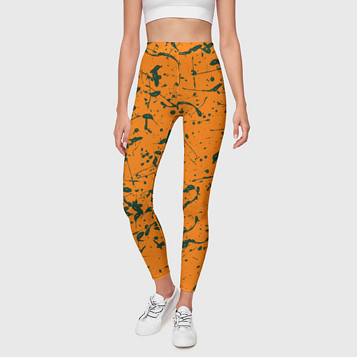 Женские легинсы Оранжевый с брызгами зеленой краски / 3D-принт – фото 3