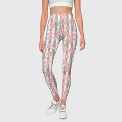Леггинсы женские Коралловые цветы на полосатом фоне, цвет: 3D-принт — фото 2