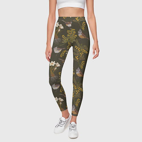 Женские легинсы Хохлатые синицы и мимоза паттерн / 3D-принт – фото 3