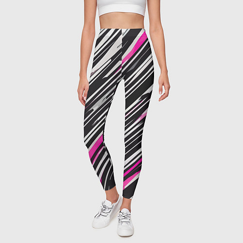 Женские легинсы Диагональные розово-белые полосы на чёрном фоне / 3D-принт – фото 3