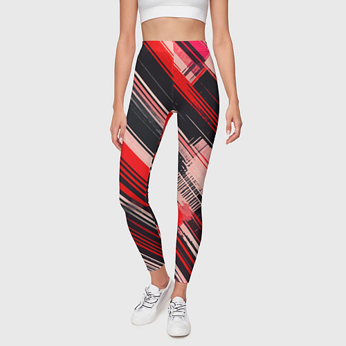 Женские легинсы Красные диагональные полосы на чёрном фоне / 3D-принт – фото 3