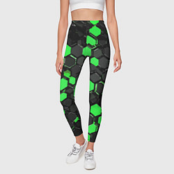 Леггинсы женские Зелёно-серые шестиугольники на чёрном фоне, цвет: 3D-принт — фото 2
