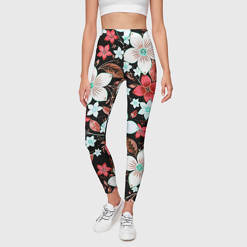 Женские легинсы Красно-белые цветы на чёрном фоне / 3D-принт – фото 3