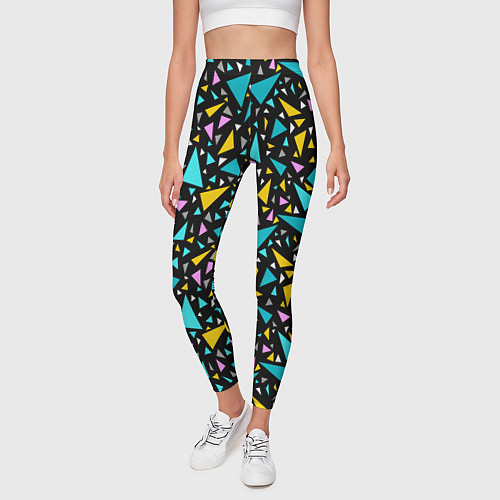 Женские легинсы Разноцветные яркие треугольники на черном / 3D-принт – фото 3