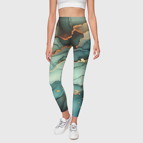 Женские легинсы Бирюзовый узор с оранжевыми вставками / 3D-принт – фото 3