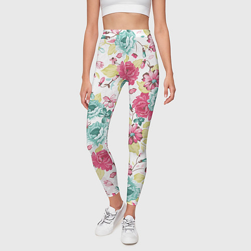 Женские легинсы Розы красные и бирюзовые / 3D-принт – фото 3