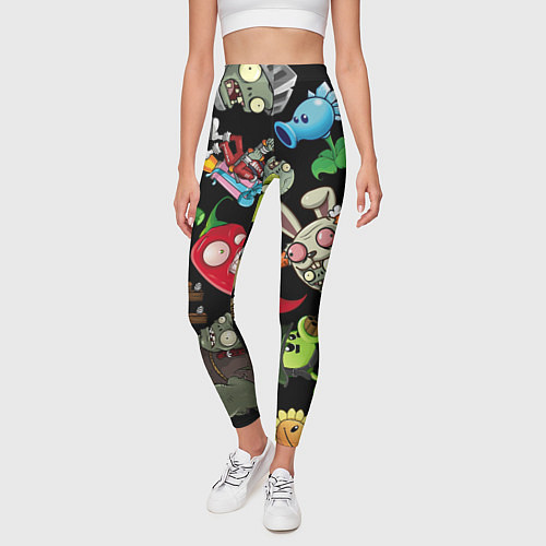 Женские легинсы Растения против зомби персонажи на черном / 3D-принт – фото 3