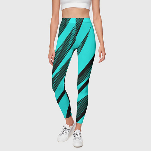 Женские легинсы Неоновый голубой с чёрным абстракция с полосами / 3D-принт – фото 3