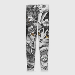 Леггинсы женские С котами и рыбой на фоне сакуры в волнах, цвет: 3D-принт