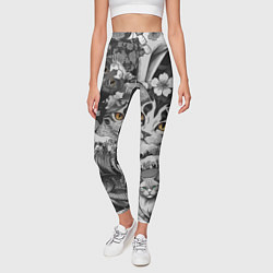 Леггинсы женские С котами и рыбой на фоне сакуры в волнах, цвет: 3D-принт — фото 2