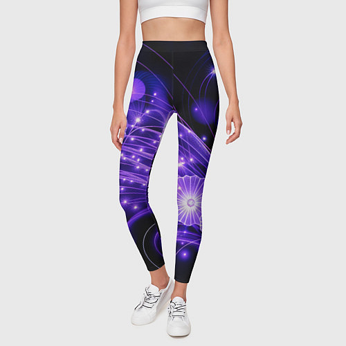 Женские легинсы Силуэты цветов на темном фоне - фиолетовое свечени / 3D-принт – фото 3