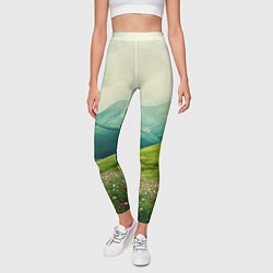 Леггинсы женские Горы и поле с цветами - зеленый пейзаж, цвет: 3D-принт — фото 2