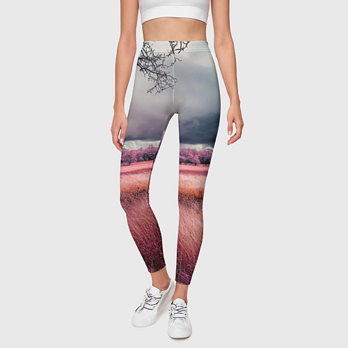 Женские легинсы Поле и деревья пейзаж - инфракрасный стиль / 3D-принт – фото 3