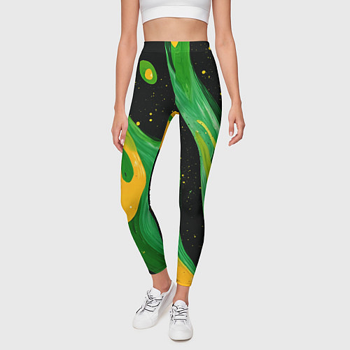 Женские легинсы Зелено-желтая краска на черном / 3D-принт – фото 3