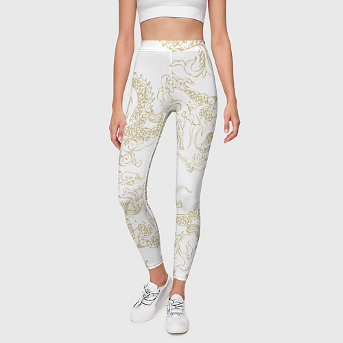Женские легинсы Золотой дракон в виде узора на белом / 3D-принт – фото 3