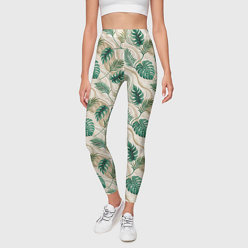 Женские легинсы Листья монстеры на мраморном фоне / 3D-принт – фото 3