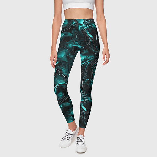 Женские легинсы Бирюзово-черная мраморная текстура - блики / 3D-принт – фото 3