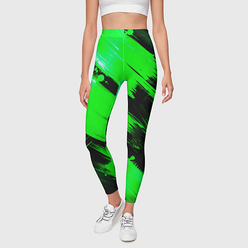 Женские легинсы Зеленые мазки краски на черном / 3D-принт – фото 3