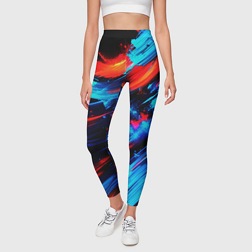 Женские легинсы Синие и красные мазки краски на черном / 3D-принт – фото 3
