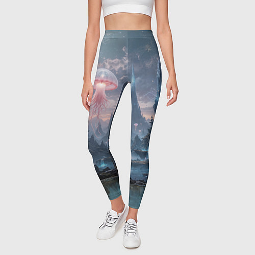Женские легинсы Фантастический мир с медузами и озеро у гор / 3D-принт – фото 3
