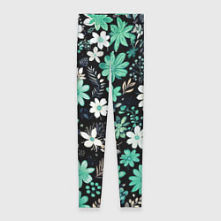 Леггинсы женские Чёрный в зелёный цветочек стилизованный, цвет: 3D-принт