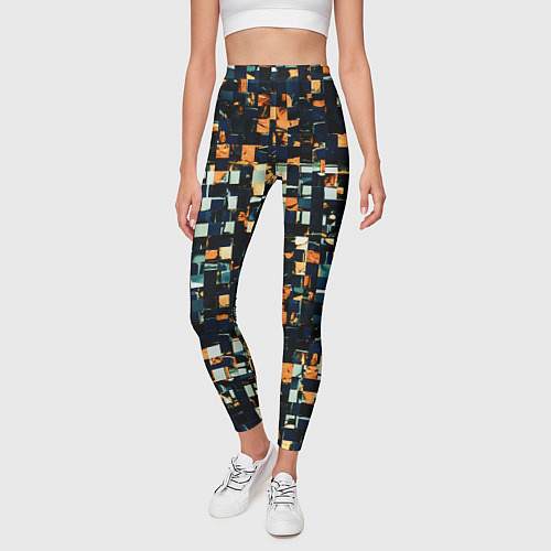 Женские легинсы Тёмный синий с оранжевым кубики абстракция / 3D-принт – фото 3