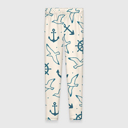 Леггинсы женские Морской паттерн из штурвалов, чаек и якорей, цвет: 3D-принт