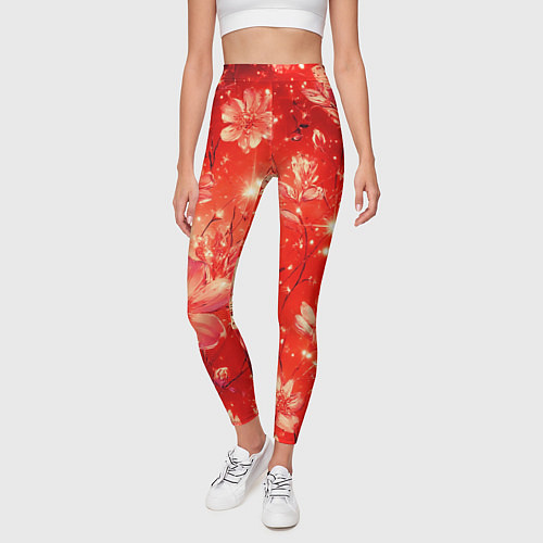 Женские легинсы Цветочный красный с искрами / 3D-принт – фото 3