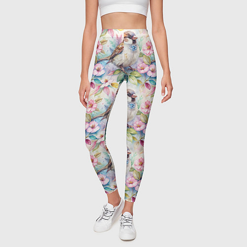 Женские легинсы Воробей в ярких цветах паттерн / 3D-принт – фото 3