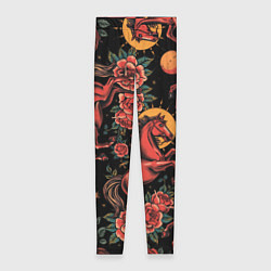 Леггинсы женские Красная лошадь с розами, цвет: 3D-принт