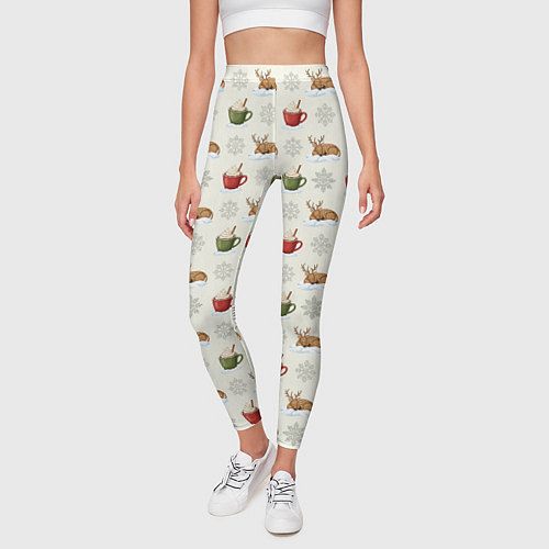 Женские легинсы Зимний паттерн с оленем и чашками какао / 3D-принт – фото 3