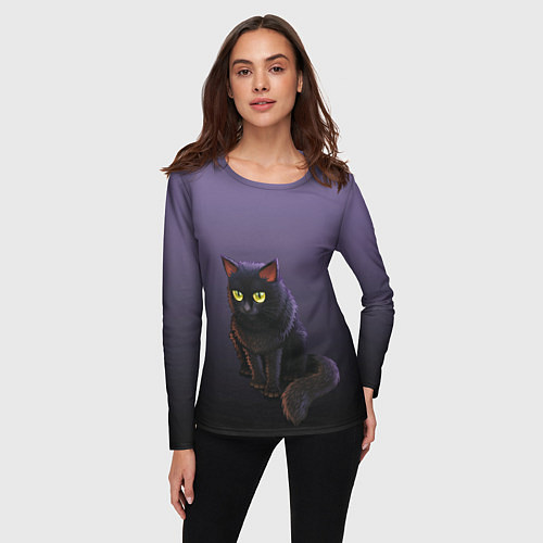 Женский лонгслив Черный кот на фиолетовом / 3D-принт – фото 3