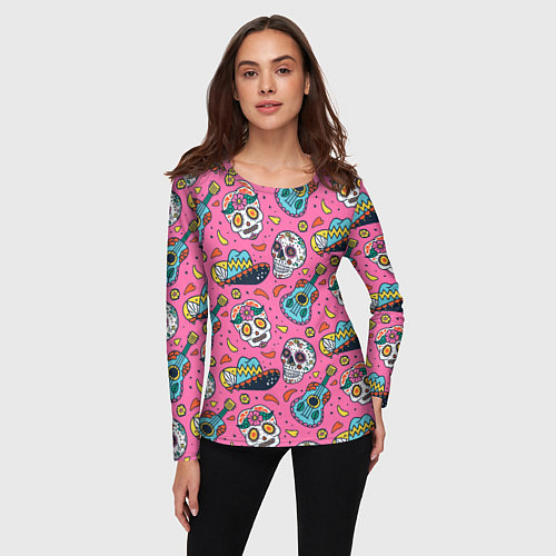 Женский лонгслив День Мёртвых узор из черепов / 3D-принт – фото 3